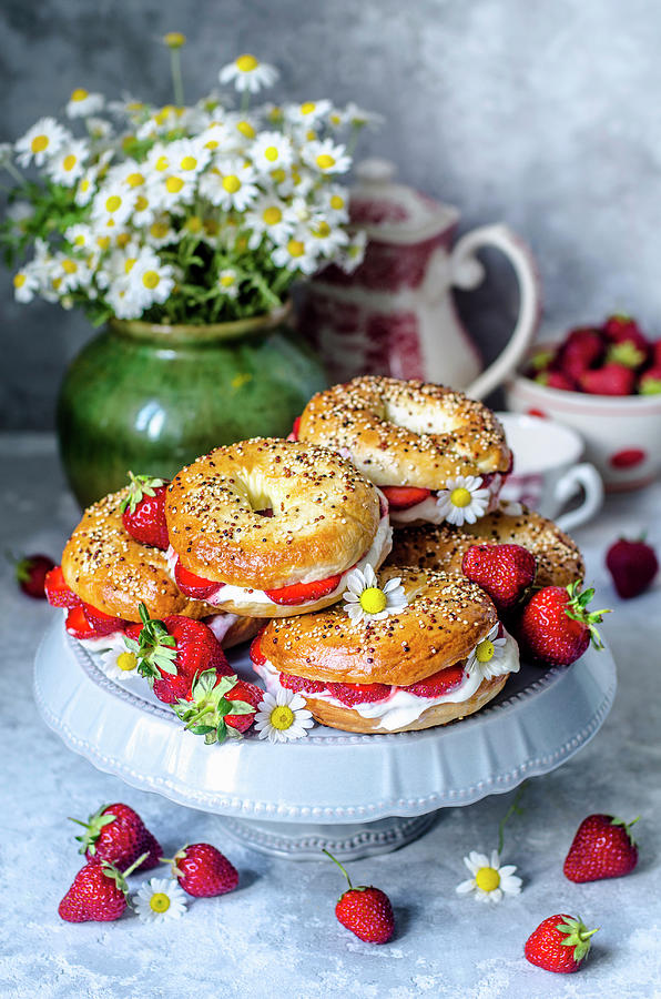 Bagels With Whipped Cream And Strawberries Photograph by Gorobina
