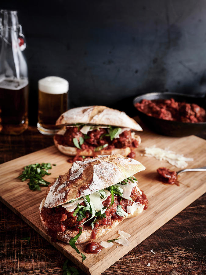 Baguette Rolls With Meatballs In Tomato Sauce Basil And Parmesan