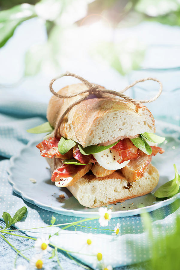 Baguette Sandwich With Bacon, Chicken Breast Fillet And Mozzarella Photograph by Fotografie-lucie-eisenmann