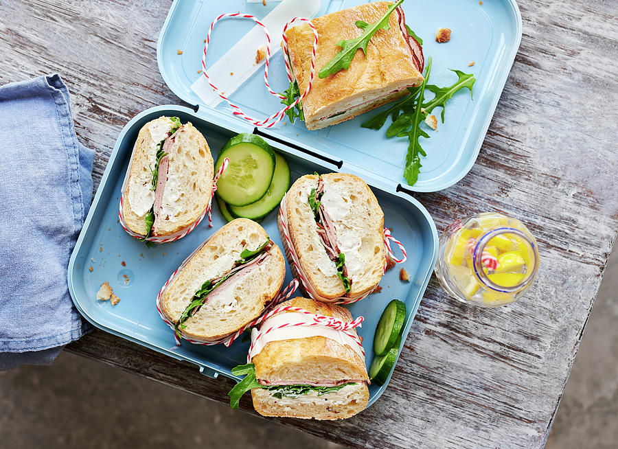 Baguette Sandwiches With Meatloaf, Horseradish, Cream Cheese And Arugula In A Lunchbox Photograph by Stefan Schulte-ladbeck