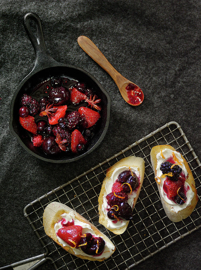 Baguette Slices Topped With Cream Cheese And Mixed Berries seen From Above Photograph by Janellephoto