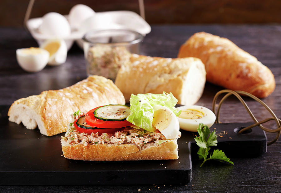 Baguette With Tuna Niscoise Salad, Tomato, Cucumber, Mayonnaise, Eggs