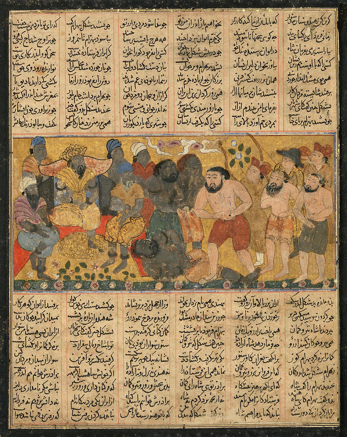 Bahram Gur Exhibiting his Prowess in Wrestling at the Court of Shangul, King of India, Folio fr... Painting by Album