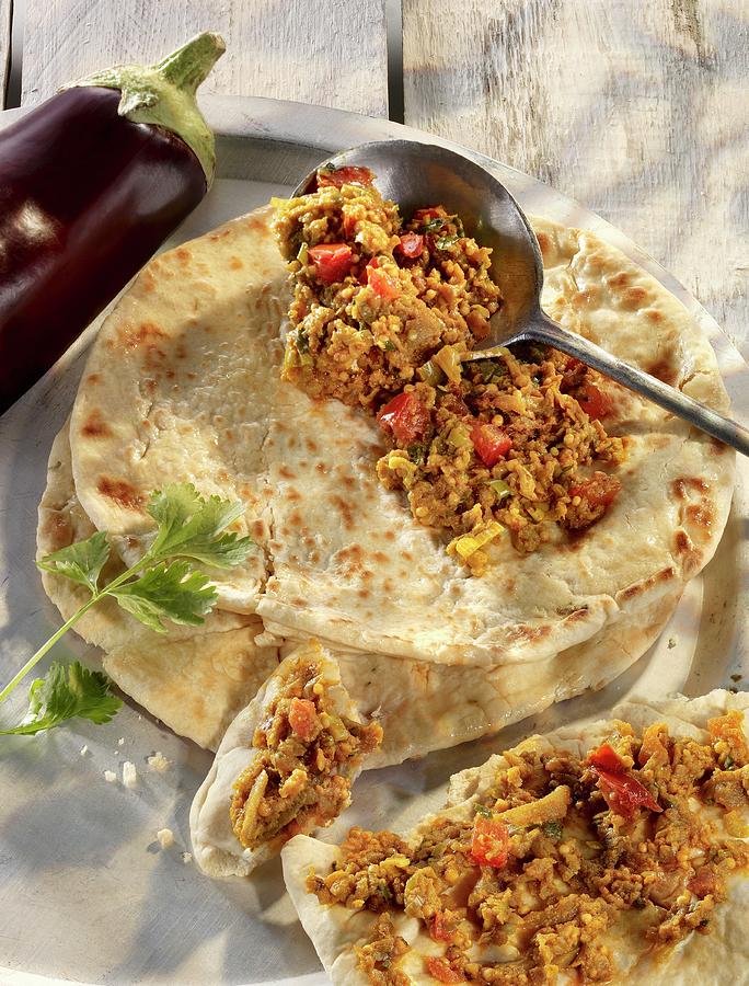 Baingan Bharta aubergine Curry, India On Unleavened Bread Photograph by ...