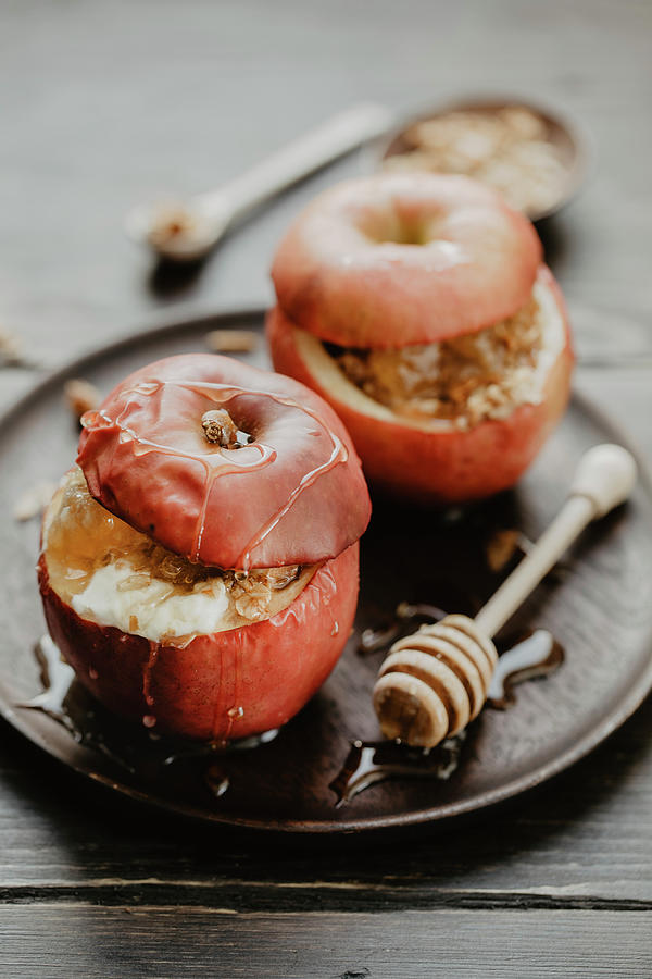 Baked Apples Filled With Quark, Honeycomb And Walnuts Photograph by Valeria Aksakova