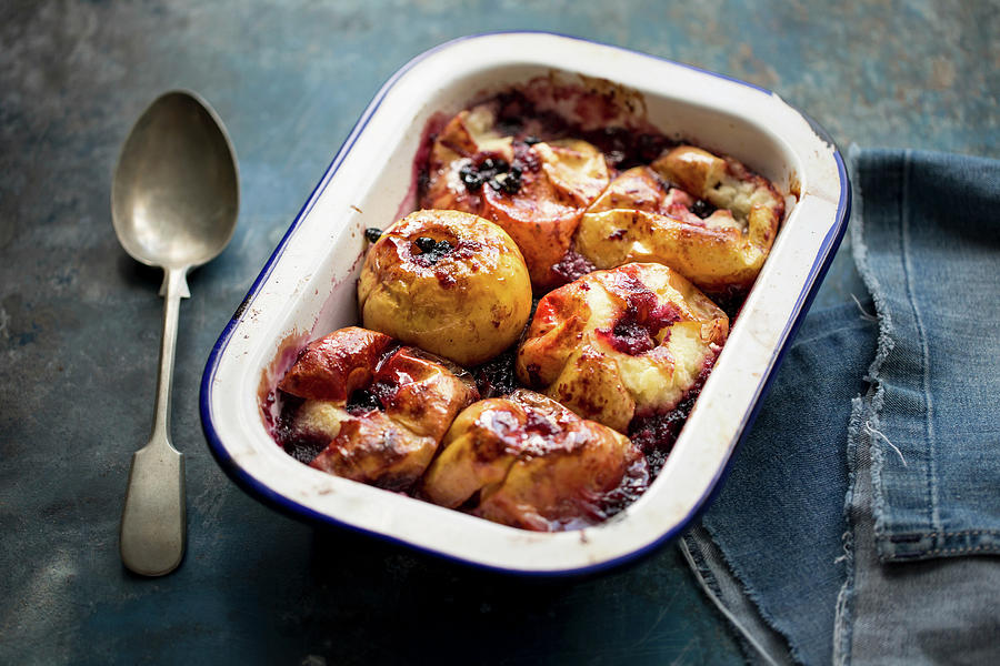 Baked Apples With Blueberry Jam And Custard Photograph by Lara Jane Thorpe