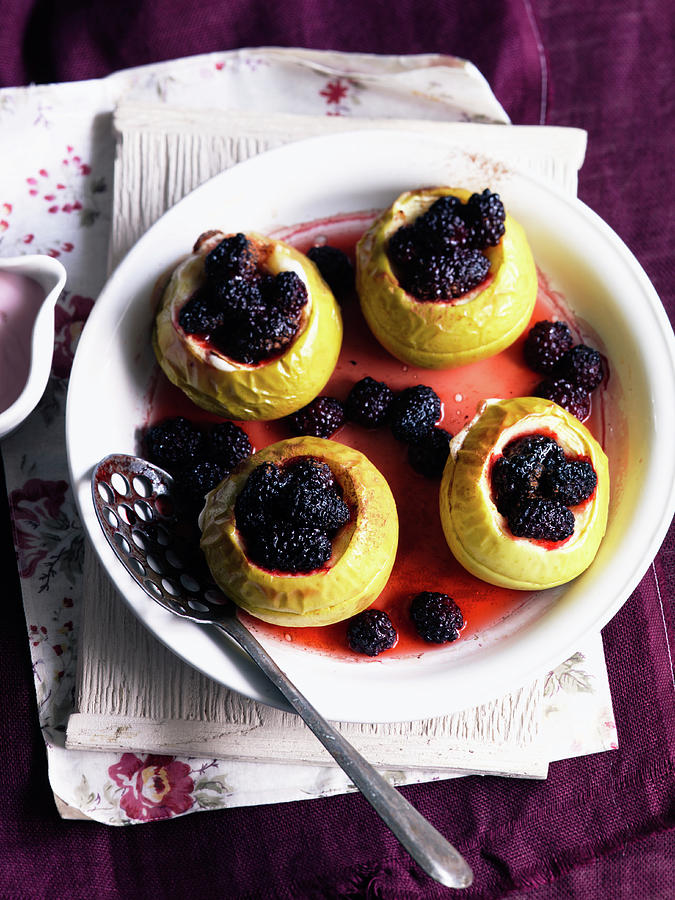 Baked Apples With Vanilla Cream And Blackberries Photograph by Karen Thomas