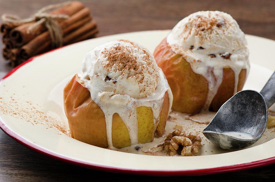 Baked Apples With Walnut Ice Cream And Cinnamon Photograph by Ewgenija Schall