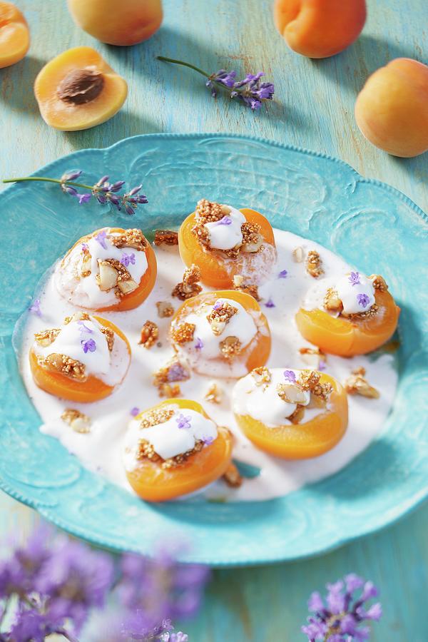 Baked Apricot Halves On Lavender And Coconut Cream With Crunchy Quinoa Photograph by Sabrina Sue Daniels