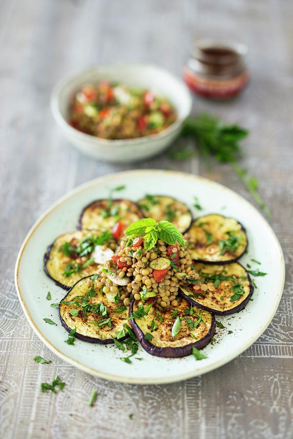 Baked Aubergine Slices With Lentils Photograph by Jan Wischnewski