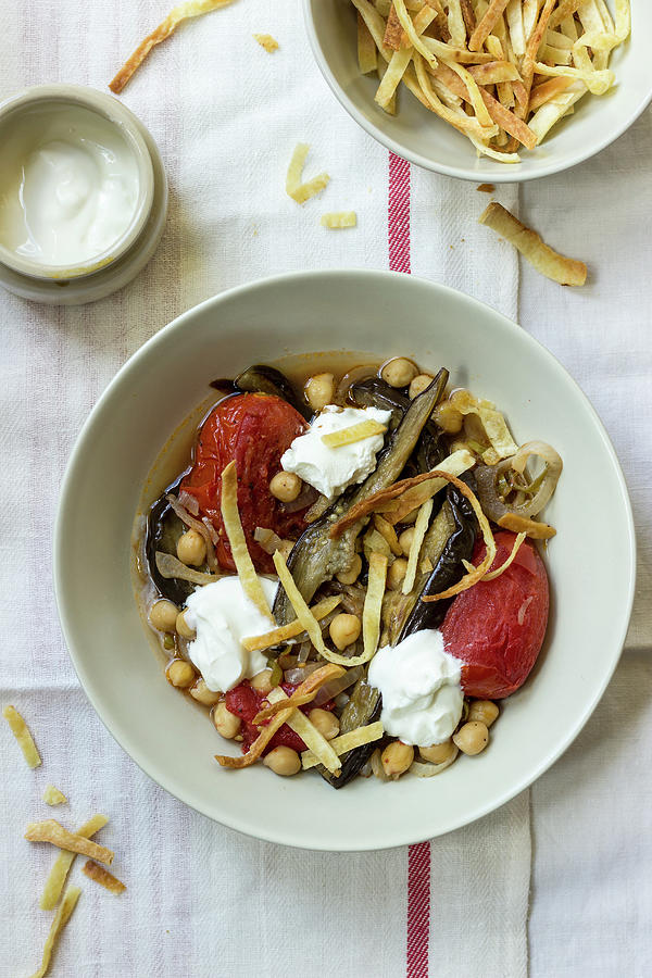 Baked Aubergine, Tomatoes With Chickpeas, Served With Strips Of Pita Bread And Yogurt Photograph by Zuzanna Ploch