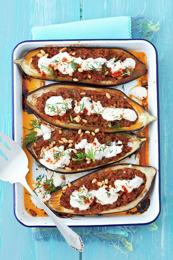Baked Aubergines Stuffed With Minced Meat, Pine Nuts And Yoghurt Photograph by Rua Castilho