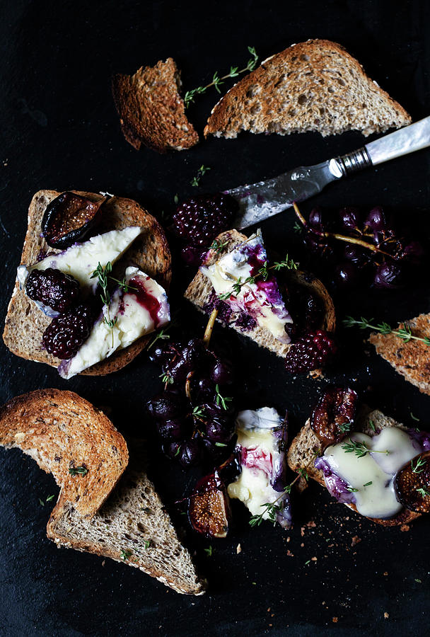 Baked Brie On Whole Wheat Toast, With Roasted Concord Grapes, Figs, Blackberries, Thyme, Honey And Balsamic Vinegar Photograph by Ryla Campbell