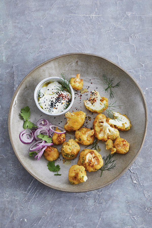 Baked Cauliflower Bahjis In A Coriander Coating With A Dill And Yoghurt Dip Photograph by Tre Torri