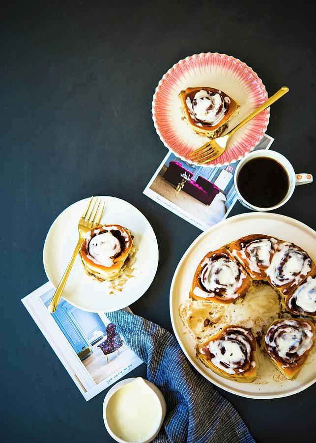 Baked Cinnamon Rolls With Glazing Photograph by Lisa Rees