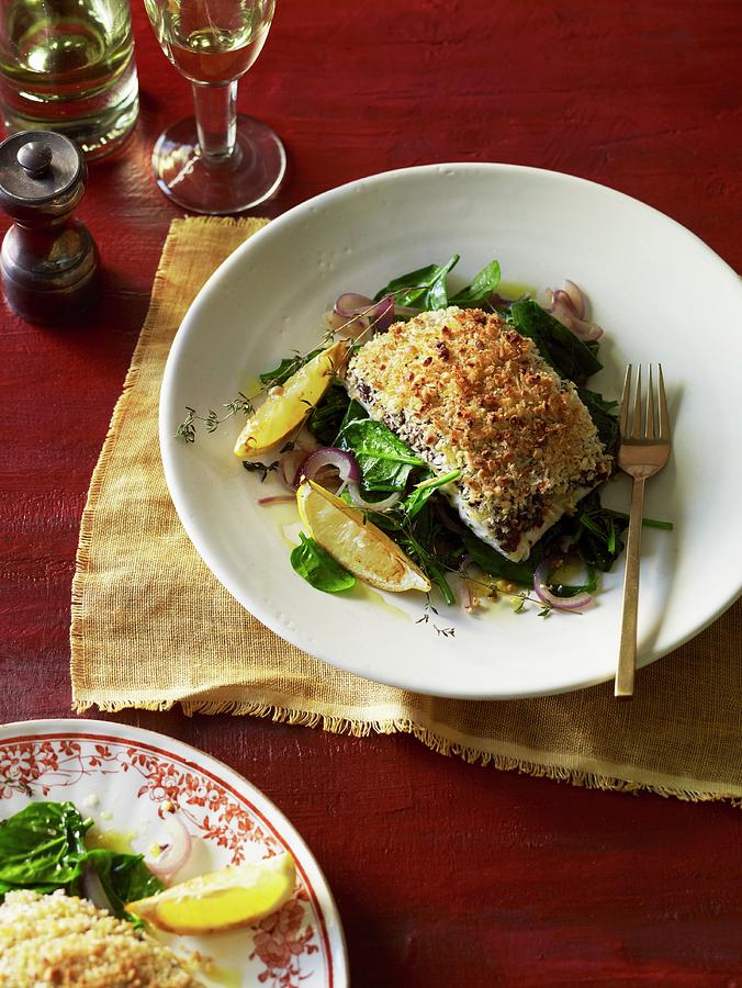 Baked Cod Fillet With Blue Cheese In Olive And Spinach Crust Photograph by Chen
