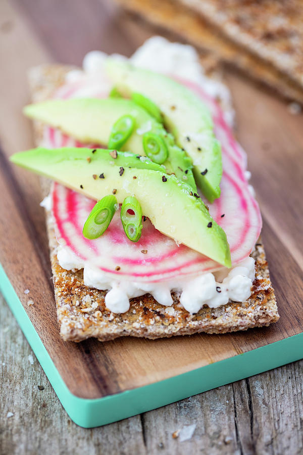 Baked Crispbread With Cottage Cheese, Striped Beetroot And Avocado Photograph by Jan Wischnewski