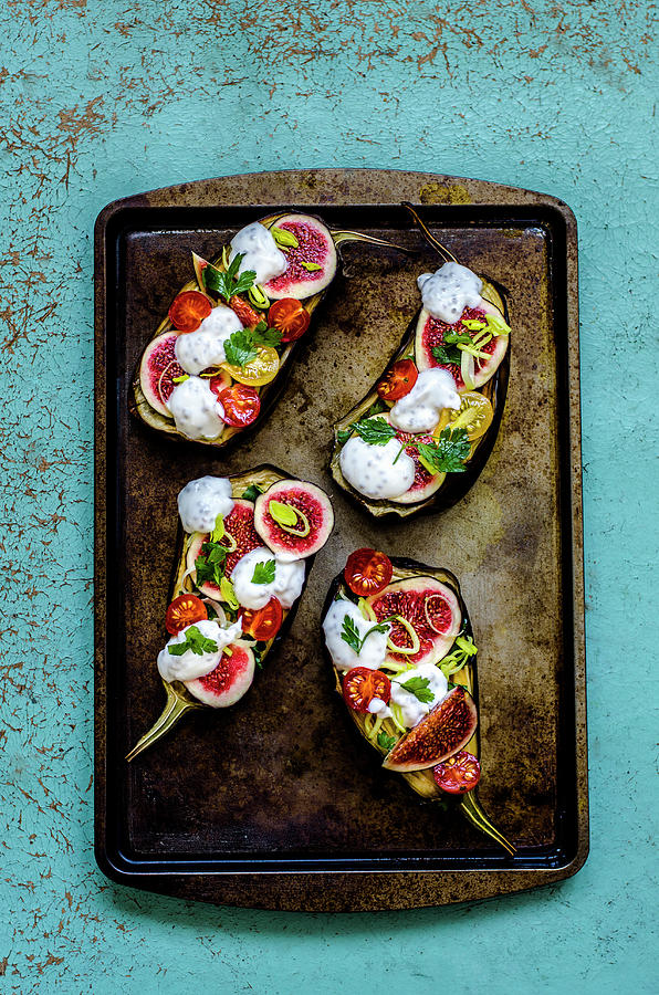 Baked Eggplants With Cherry Tomatoes, Figs, Parsley And Yogurt With Chia Seeds Photograph by Gorobina