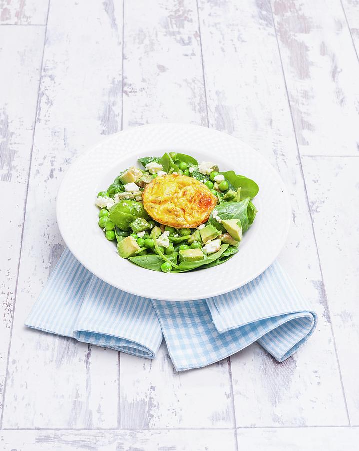 Baked Eggs On Pea And Mint Salad With Feta Cheese england Photograph by The Studio Collection