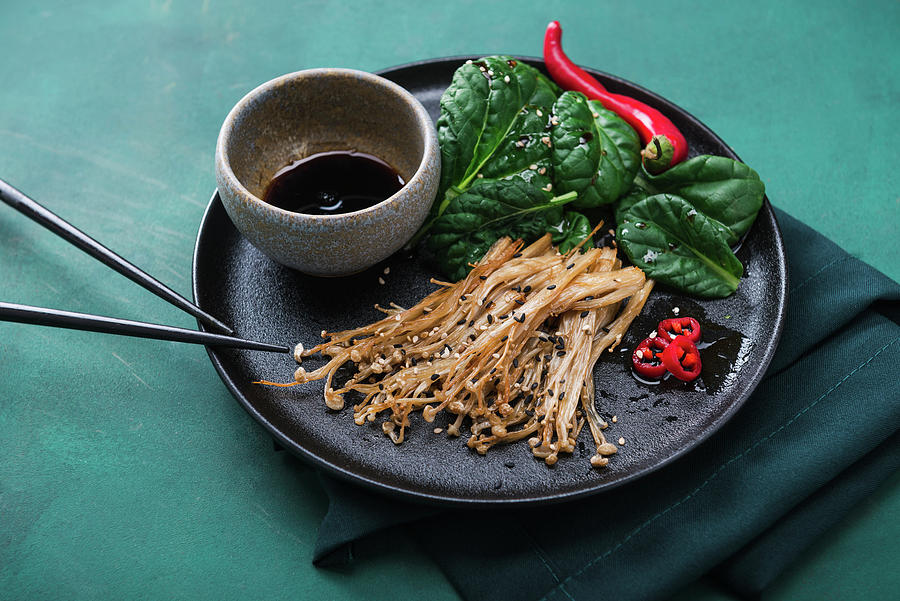 Baked Enoki Mushrooms With Misome Salad And A Spicy Soya And Chilli Dressing Photograph by Kati Neudert