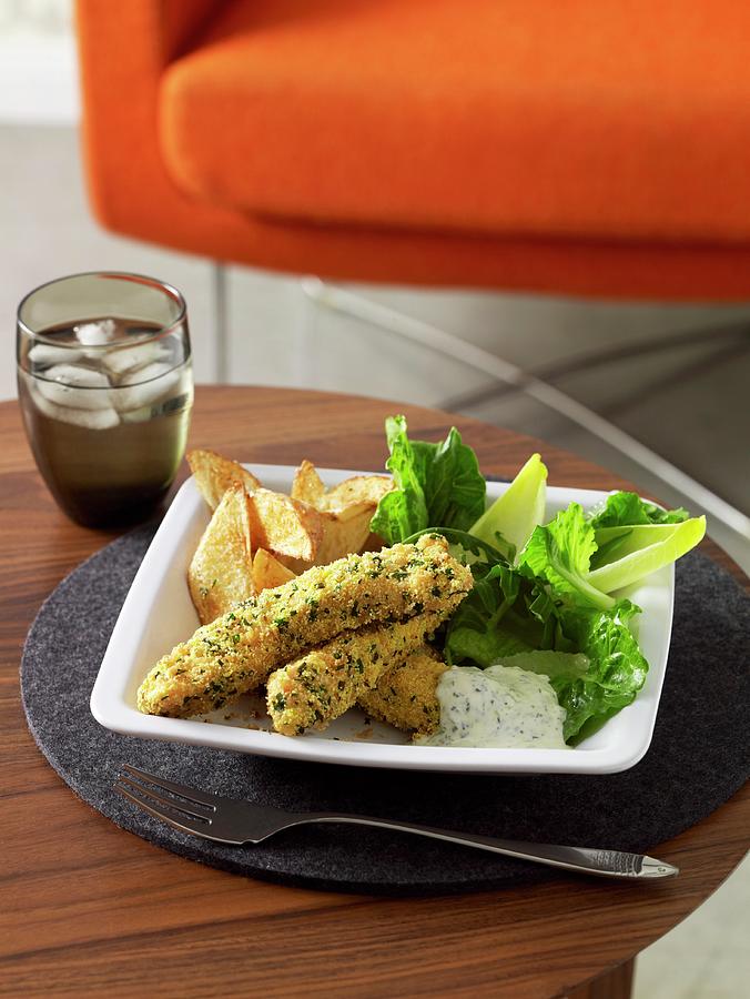 Baked Fish Fingers With Herb Crust, Aioli And Potato Wedges Photograph by Chen