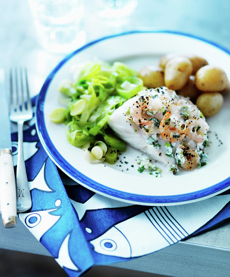 Baked Fish With Shrimps, Leeks And Potatoes Photograph by Karen Thomas