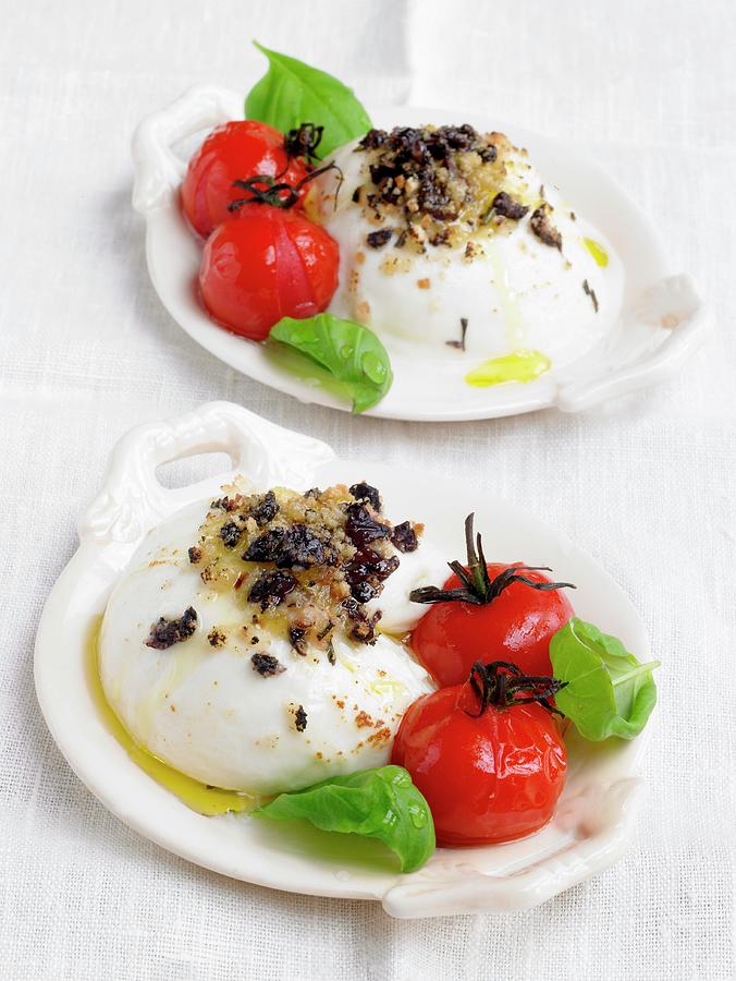 Baked Mozzarella With Olive Crumbs, Tomatoes And Basil Photograph by Barbara Lutterbeck