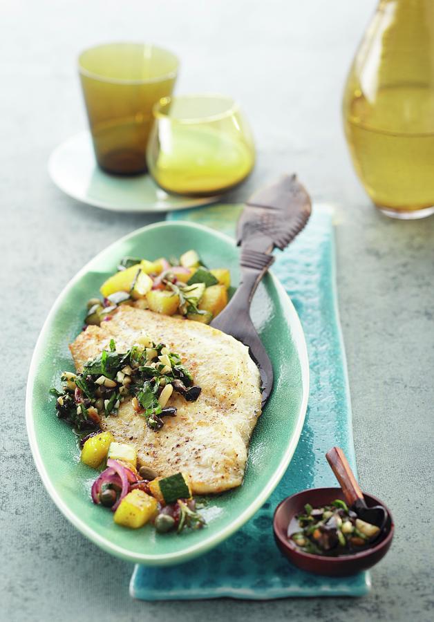 Baked Plaice Fillets With Olive Gremolata And A Potato & Courgette ...