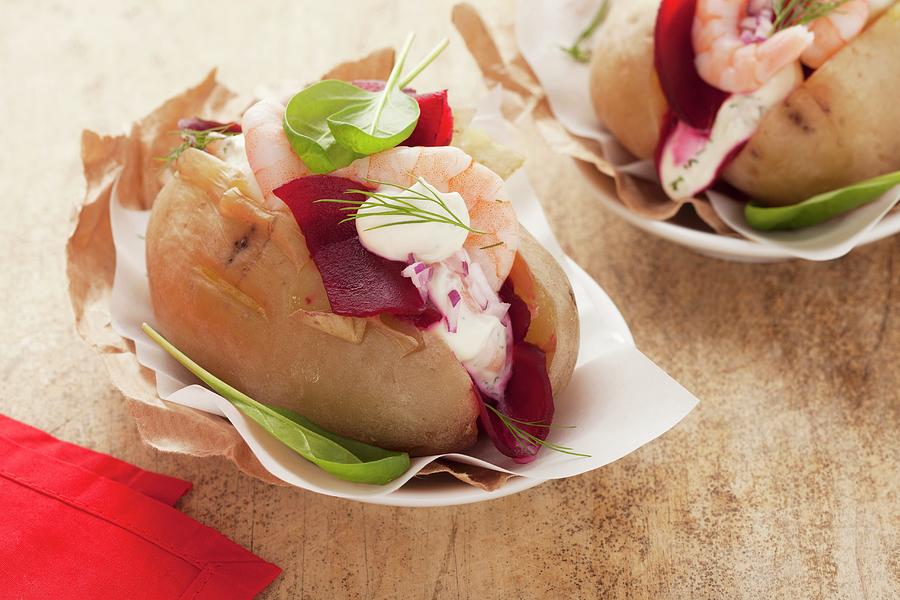 Baked Potatoes With Beetroot And Prawns Photograph by Eising Studio - Food Photo & Video