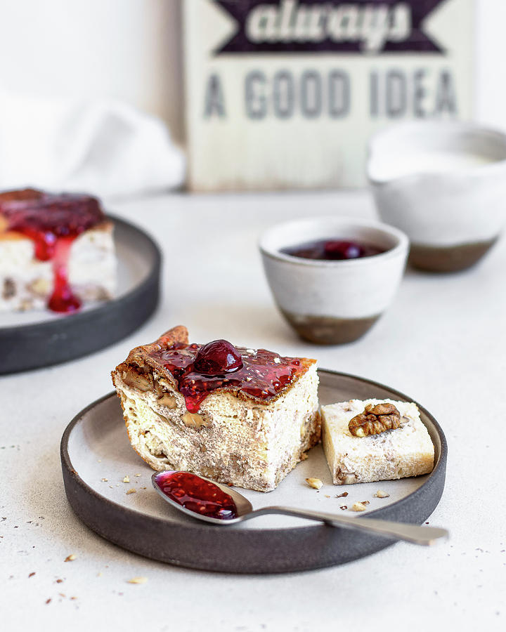 Baked Pudding With Cottage Cheese, Cherries And Walnuts Photograph by Yulia Shkultetskaya