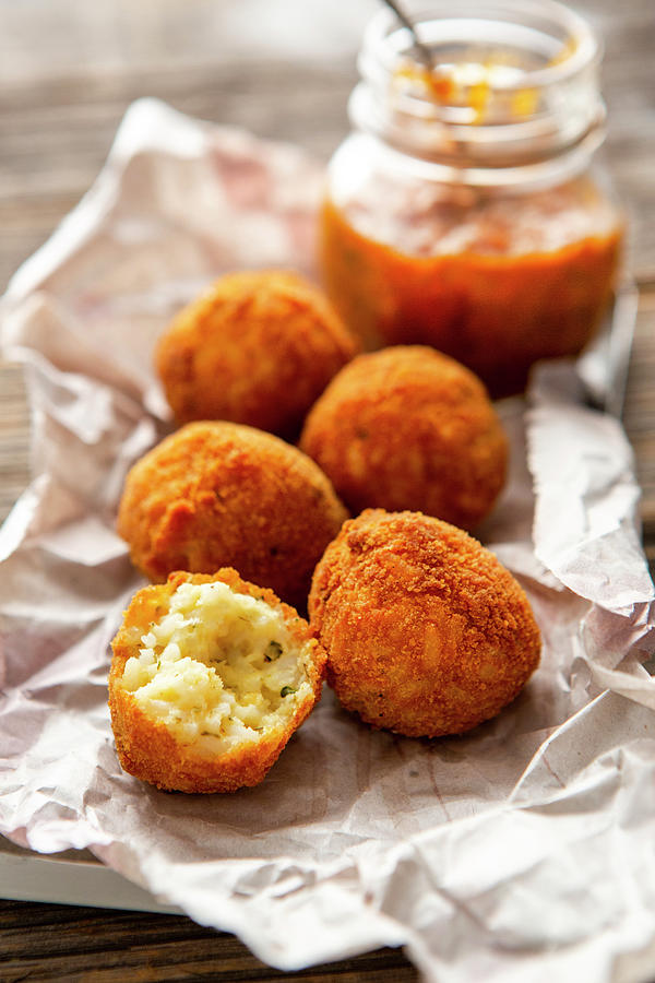 Baked Rice Balls arancini With Tomato Sauce Photograph by Sandra ...