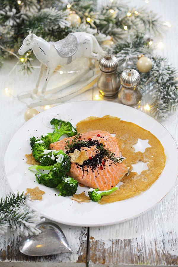 Baked Salmon Fillet With Broccoli And A Crepe For Christmas Photograph by Boguslaw Bialy