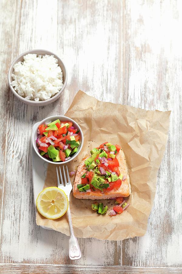 Baked Salmon With Avocado And Tomato Salsa And Rice Photograph by Rua Castilho