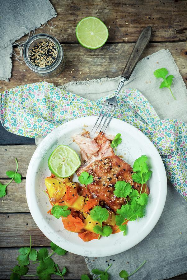 Baked Salmon With Mango, Carrots, Lime And Golden And Black Sesame Seeds Photograph by Dziegielewska