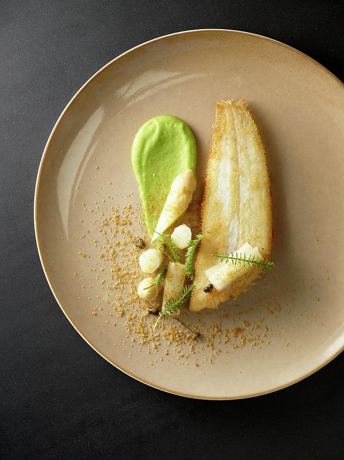 Baked Sole With Asparagus And Wild Garlic Cream Photograph by Frank Croes