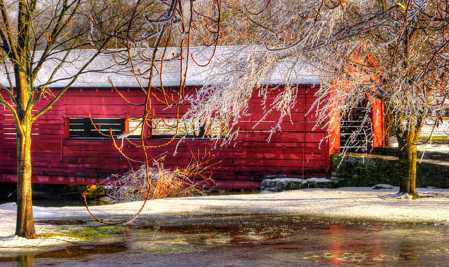 Baker Park, Carroll Creek Covered Bridge - Shelter From the Storm No. 1, Winter - Frederick MD Photograph by Michael Mazaika