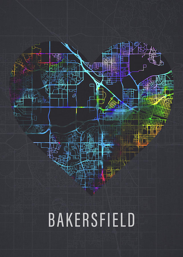 Bakersfield Mixed Media - Bakersfield California City Heart Street Map Love Dark Mode by Design Turnpike