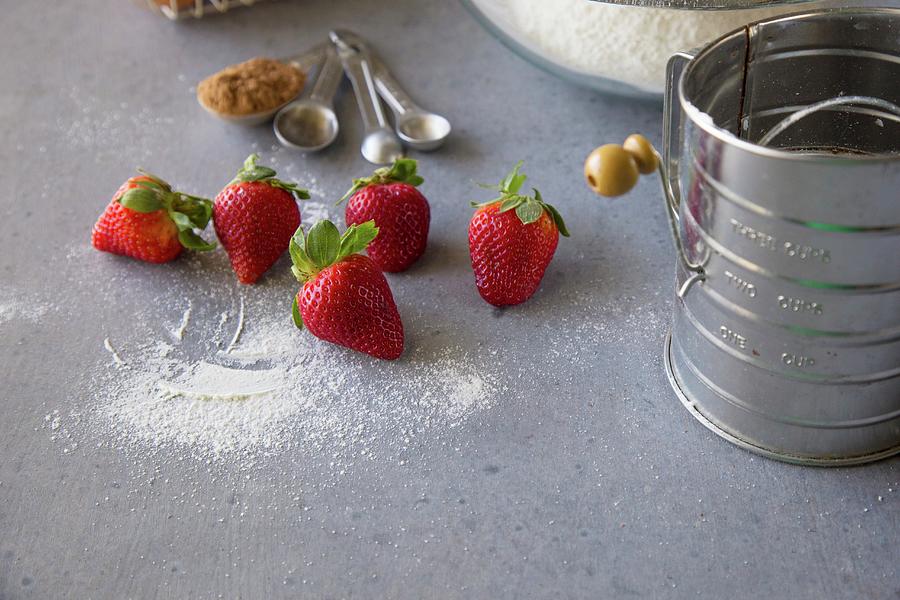 Baking Ingredients: Strawberries, Flour And Cinnamon Photograph by Lori Rice