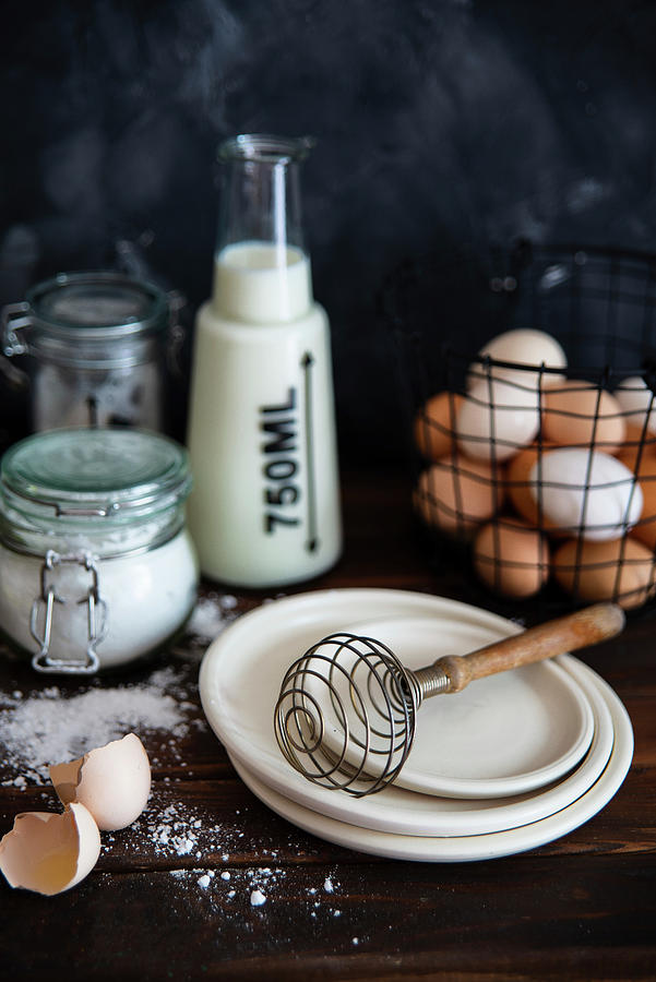 Baking Set With Cream, Milk, Flour, Eggs And Sugar Photograph by Karolina Polkowska