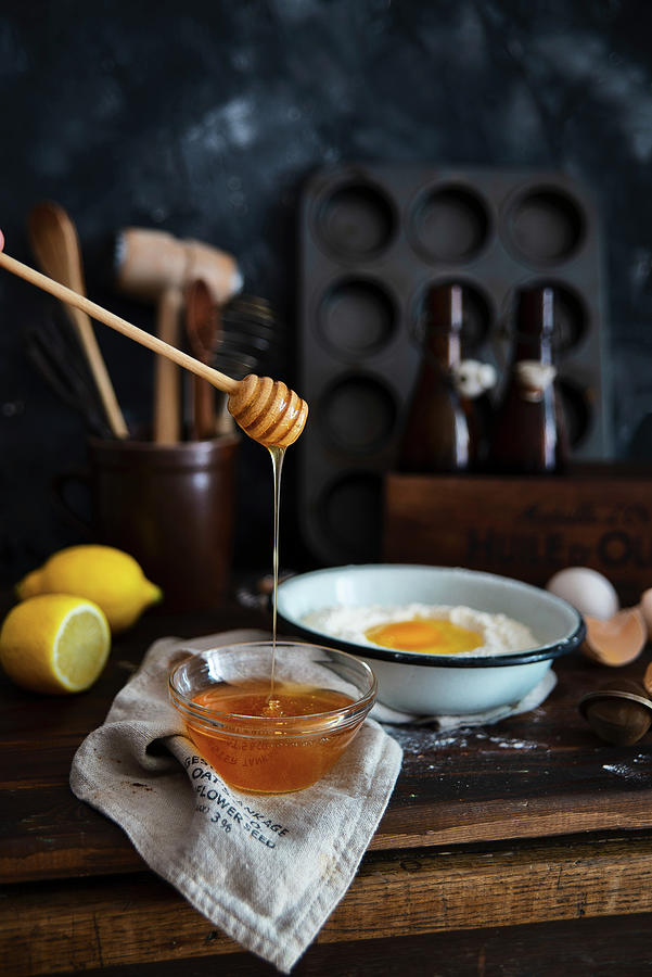 Baking Set With Honey, Eggs, Lemon And Flour Photograph by Karolina Polkowska