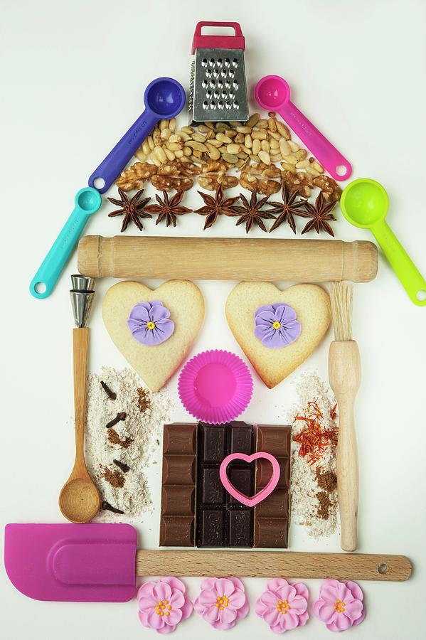 Baking Utensils, Biscuits And Elements In The Shape Of A House Photograph by Linda Burgess