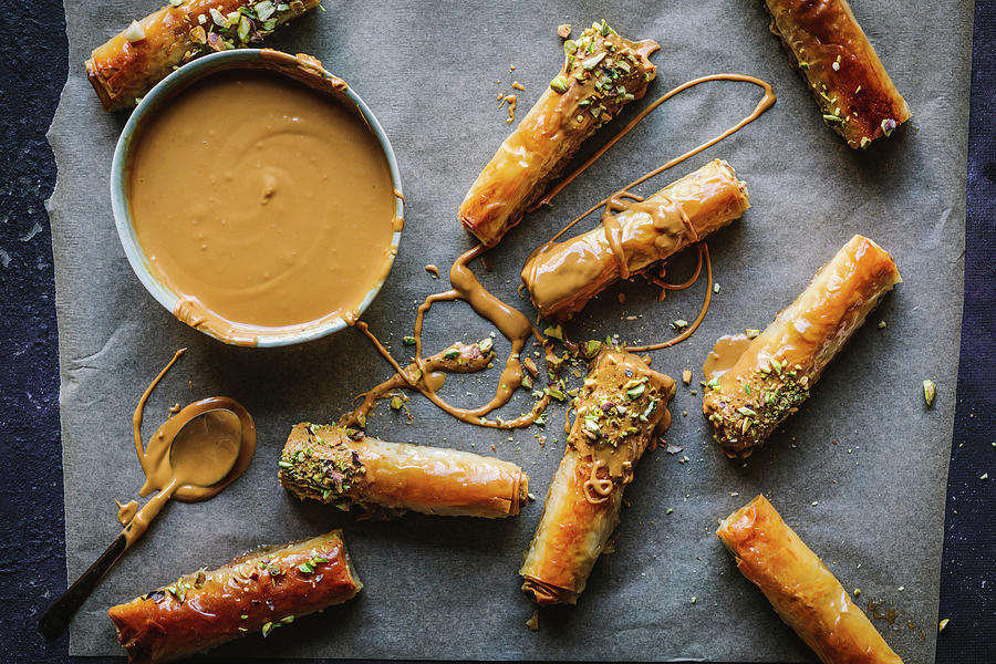 Baklava Rolls With Pistachios And Caramel Sauce Photograph by The Kate Tin