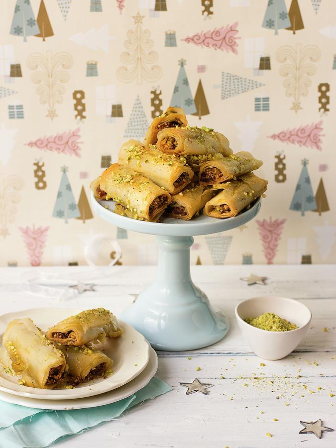 Baklava Rolls With Pistachios And Walnut, With Honey no Sugar Syrup Photograph by Zuzanna Ploch
