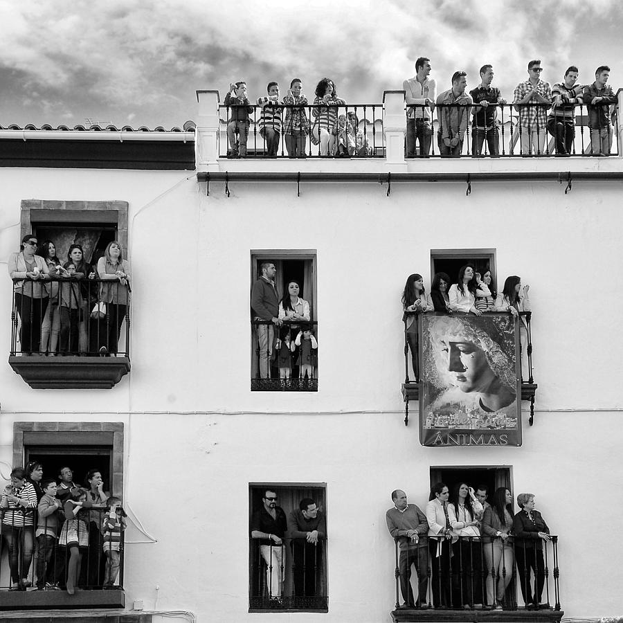 Black And White Photograph - Balcony Meetings by Jacqueline Van Bijnen