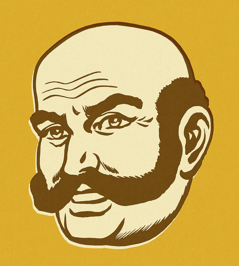 Vintage Drawing - Bald Man With Crazy Mustache by CSA Images