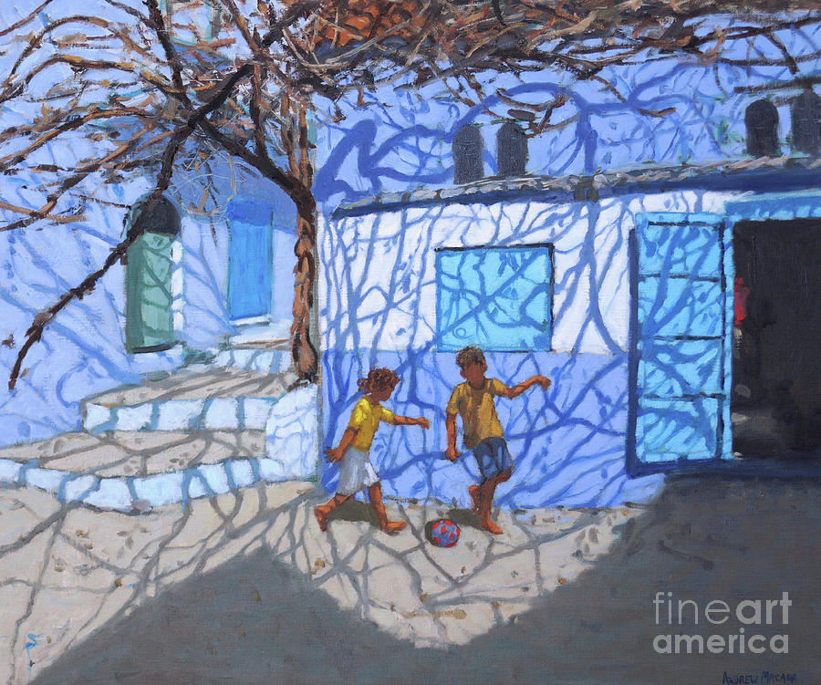Summer Painting - Ball games in the street, Chefchaouen, Morocco by Andrew Macara