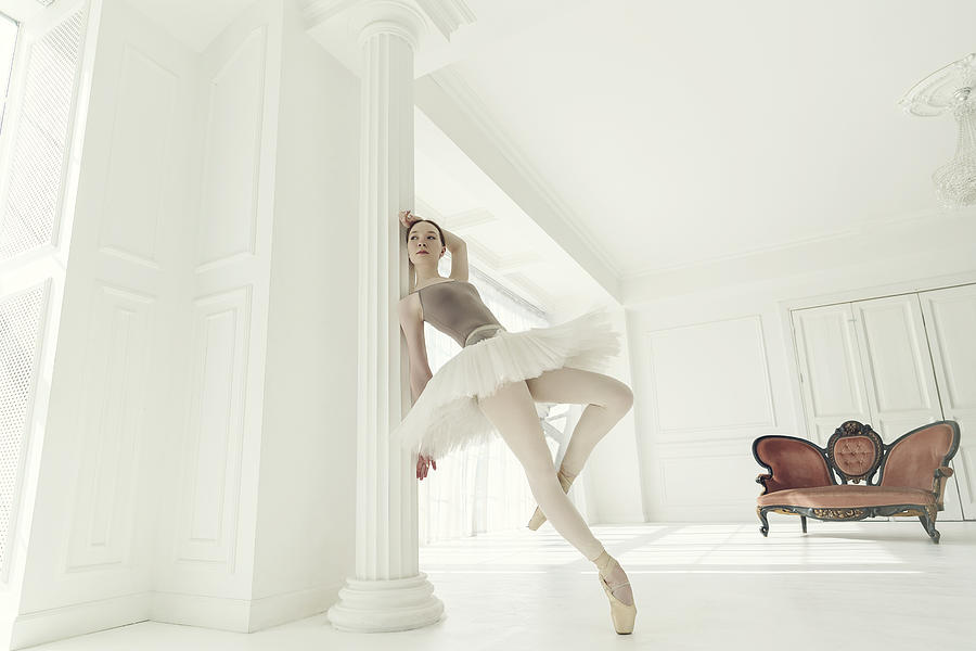 Ever Photograph - Ballerina In A Light Bodysuit And Tutu Is Standing In The Room Leaning On A Pole by Alexandr