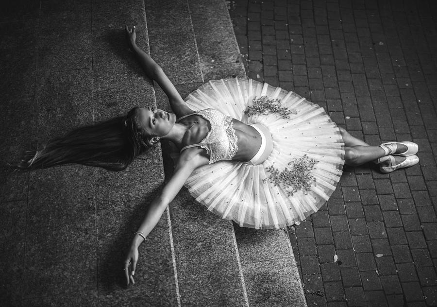 Ballerina Lying On The Ground 2 Bw Photograph by Vasil Nanev