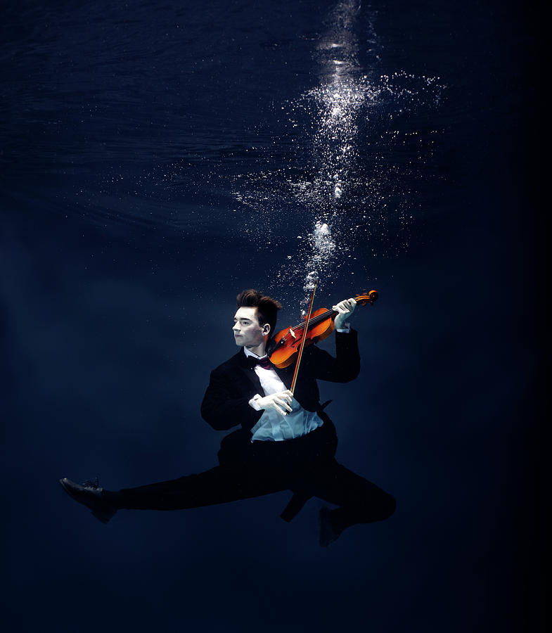 Ballet Dancer Playing Violin Underwater Photograph by Henrik Sorensen