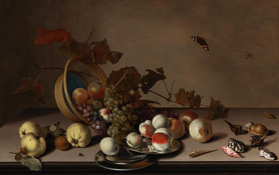 Summer Painting - Balthasar van der Ast  Middelburg 1593 94 1657 Delft  A fruit still life with a wicker basket, shell by Celestial Images